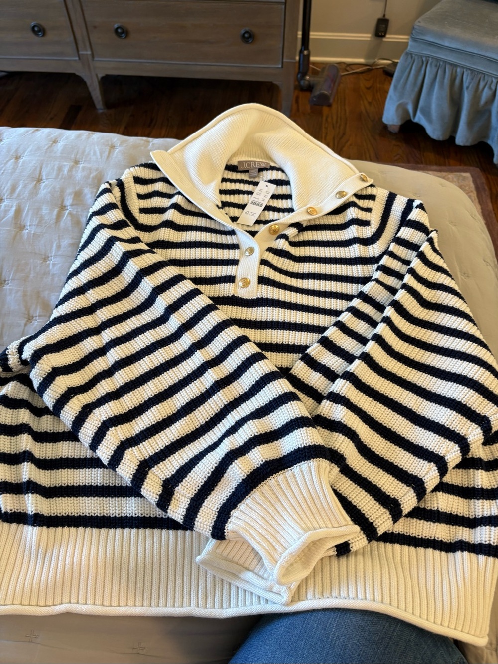 NWT J. Crew Navy and Cream Striped Button-Trim Turtleneck Sweater